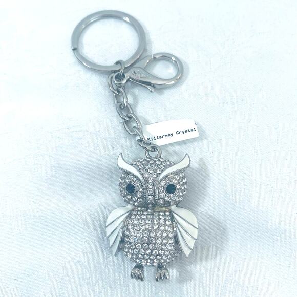New KILLARNY CRYSTAL OWL Hearts Keychain Enamel Ireland Fob QVC Silver White - Picture 4 of 10
